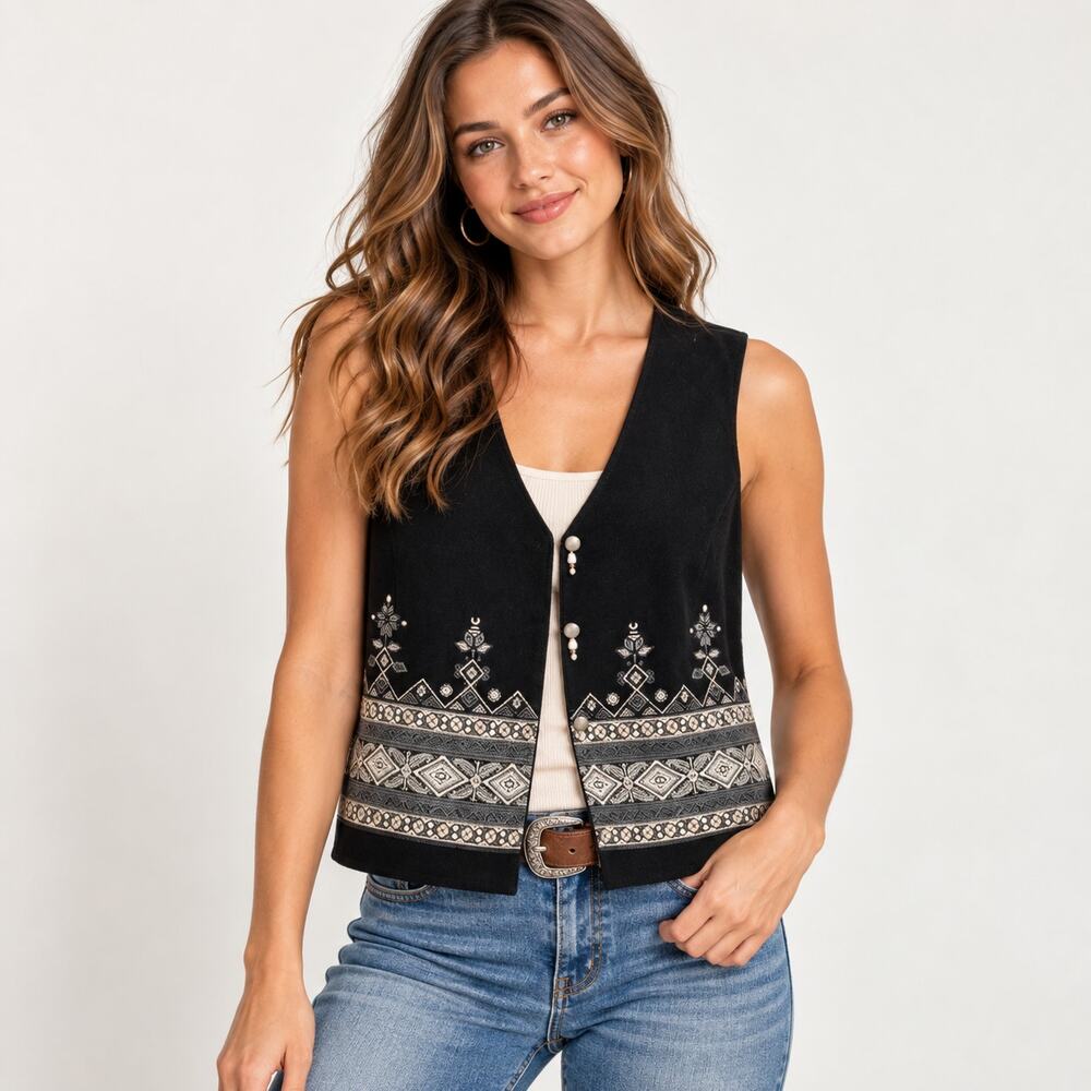 White Stag Black Felt Vest Women's Size L Southwest Western Boho Vintage Cottage